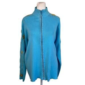 Quacker Factory Vtg 90s Holiday Cardigan With Star Appliquè Turquoise & Gold